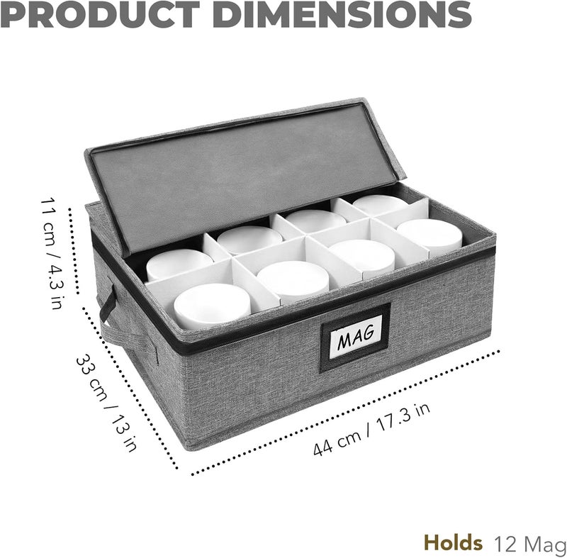 HURZMORO Mug Storage Box with 12 Compartments, Gray Hard Shell Container, Padded Dividers, Dual Handles, Zipper Lid for Coffee Cup Organization and Moving (1, Coffee Cup Storage Box) - Image 2